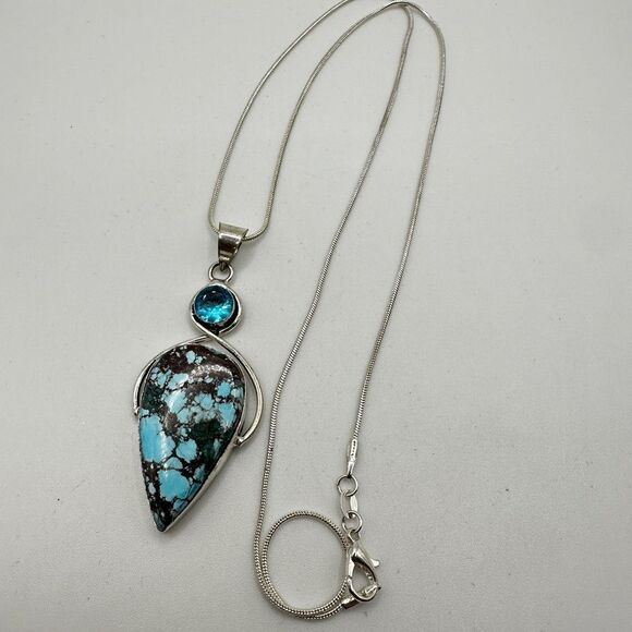AMAZING Sterling Silver Turquoise and Swiss B. Topaz Pendant, 21" 925 necklace!! - Picture 9 of 11